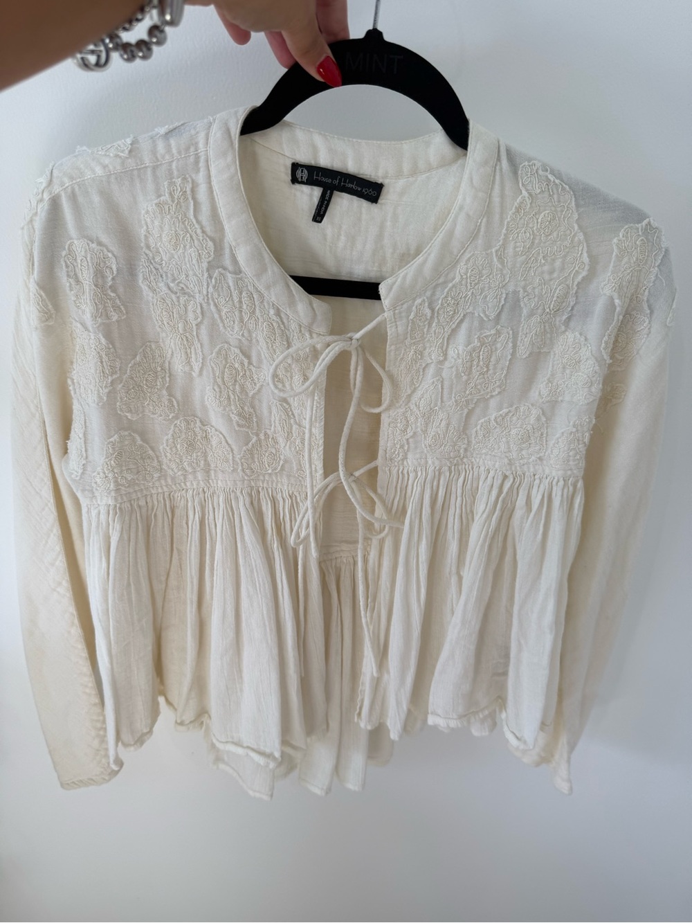 House of Harlow 1960 Cream Embroidered Tie-Front Peasant Tunic